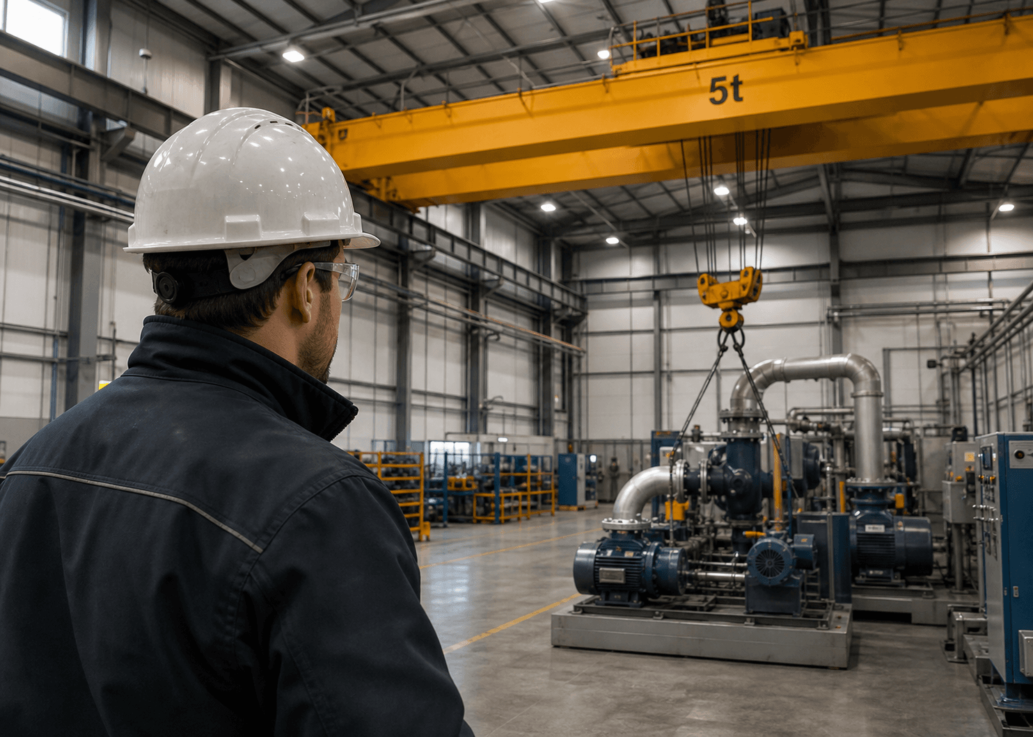 Operator monitoring industrial equipment beneath an overhead crane